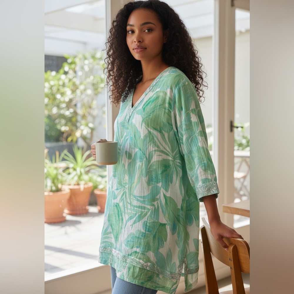 Christian Siriano Mint Green Tropical Print Gauze Tunic Top, XL